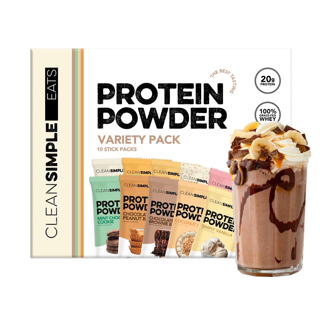 Clean Simple Eats Whey Isolate Protein Powder, Variety Pack, Naturally Sweetened, Zero Added Sugar, 20g 100% GrassFed Protein Powder with Digestive Enzymes, GlutenFree, Non GMO, 10 Single Serve Pack