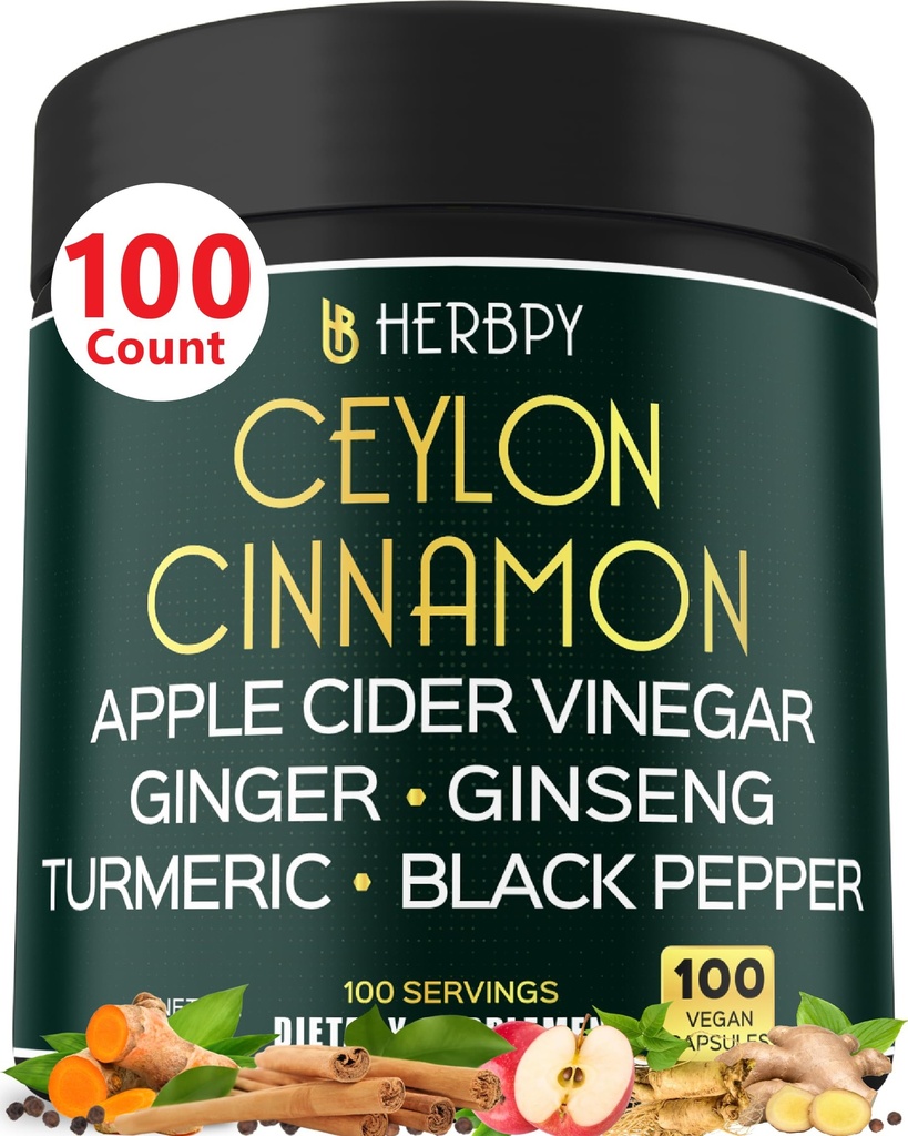 6in1 Premium Ceylon Cinnamon Supplement Plus Apple Cider Vinegar, Kurkuma, Gember, Ginseng - Weight Management, Digestie - 100 Vegan Capsules