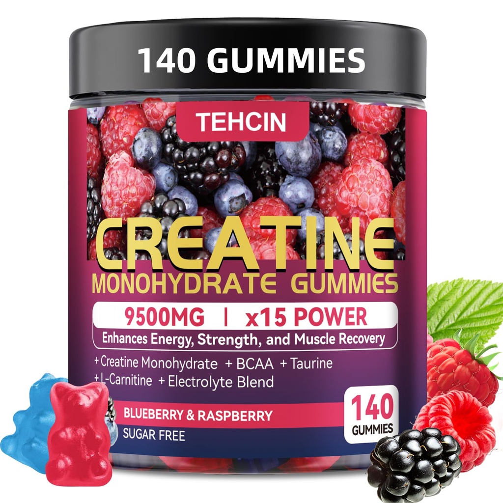 Creatine Monohydrate Gummies Complex 9500mg for Men & Women - 140 Count Creatine Supplement with Electrolyte Blend and L-Taurine, Supports Muscle Growth, Strength and Recovery, Sugar Free