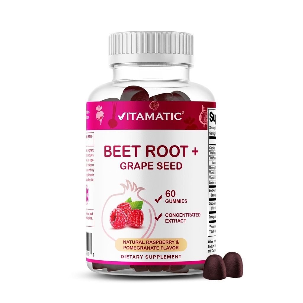 Vitamatic Beet Root Gummies - 3000mg Equivalent per portie - 60 Gummies - Made with Vitamin B6, B12, Grape Seed, Granaatappel & Nicotinamide