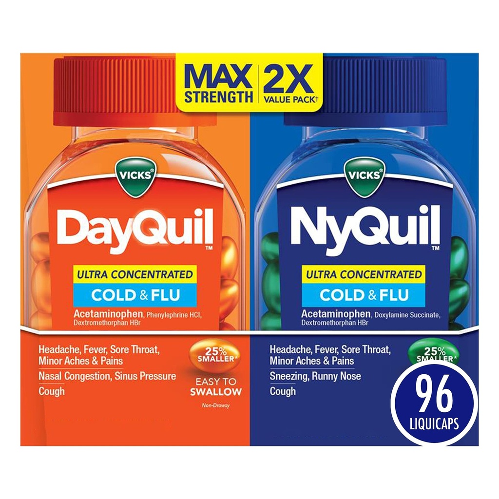 Vicks DayQuil&NyQuil Ultra Concentrated Liquicaps Co-Pack,Cold&Flu Medicine,Powerful Multi-Symptom Daytime &Nighttime Relief for Headache,Fever,Sore Throat,Minor Aches &Pains & Cough,96ct (Pack of 12)