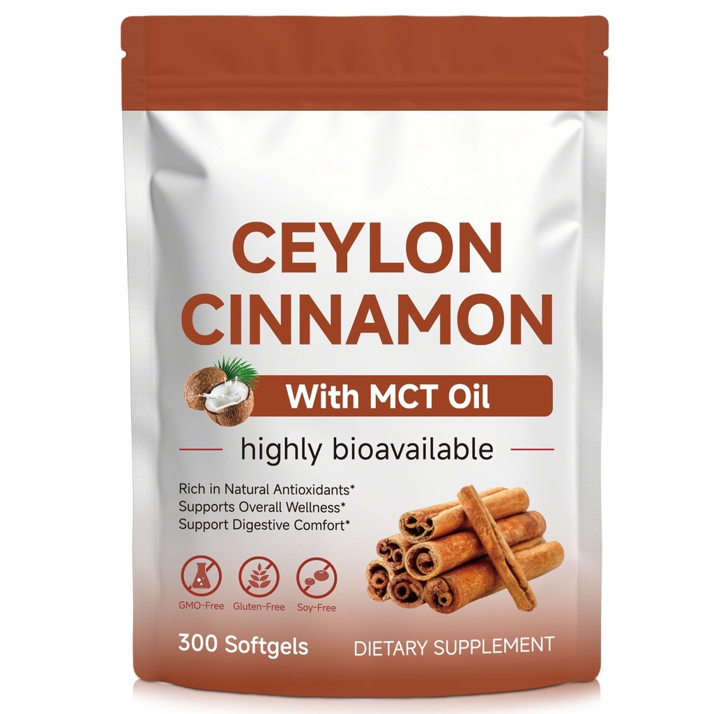 Tiuedu Ceylon Cinnamon Softgels with MCT Oil, Antioxidant & Digestive Wellness Support, Non-GMO, Gluten Free, 300 Softgels