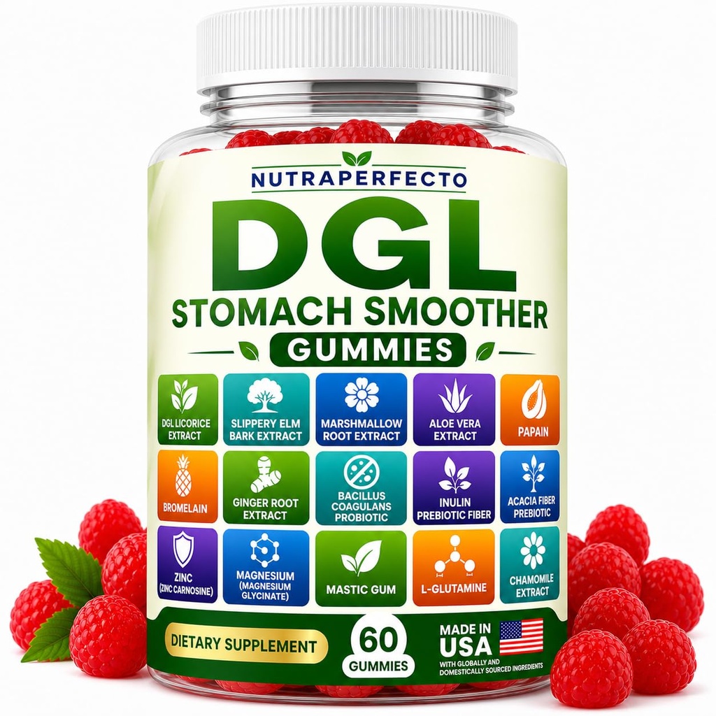 Sugar Free DGL Stomach Smoother Gummies with DGL Licorice, Slippery Elm, Marshmallow Root, Aloe Vera, Probiotic & Prebiotic Fiber, Ginger, Mastic Gum, L-Glutamine, Zinc Carnosine, Digestive Support