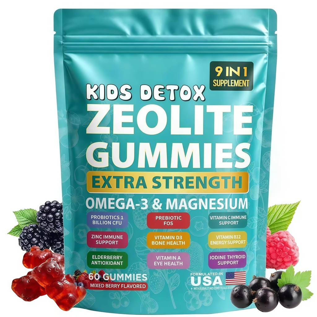 Zeolite Kids Gummies, Zeolite Detox for Kids 60 Gummies, 9-in-1 with Zeolite, Omega-3, Magnesium, Elderberry, Vitamin D3, Vitamin C, Milk Thistle, Zinc,B12 – Sugar–Free (Mixed Berry Flavor)