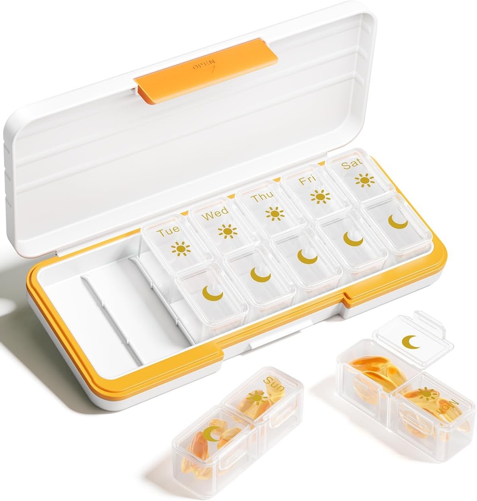 AM PM Pill Organizer 2 Times A Day, 7 Day Pill Box Weekly Pill Organizer Travel with Separate Container, Portable Daily Medicine Planner Dispenser Case for Vitamin, Fish Oils, Supplements（Beige）