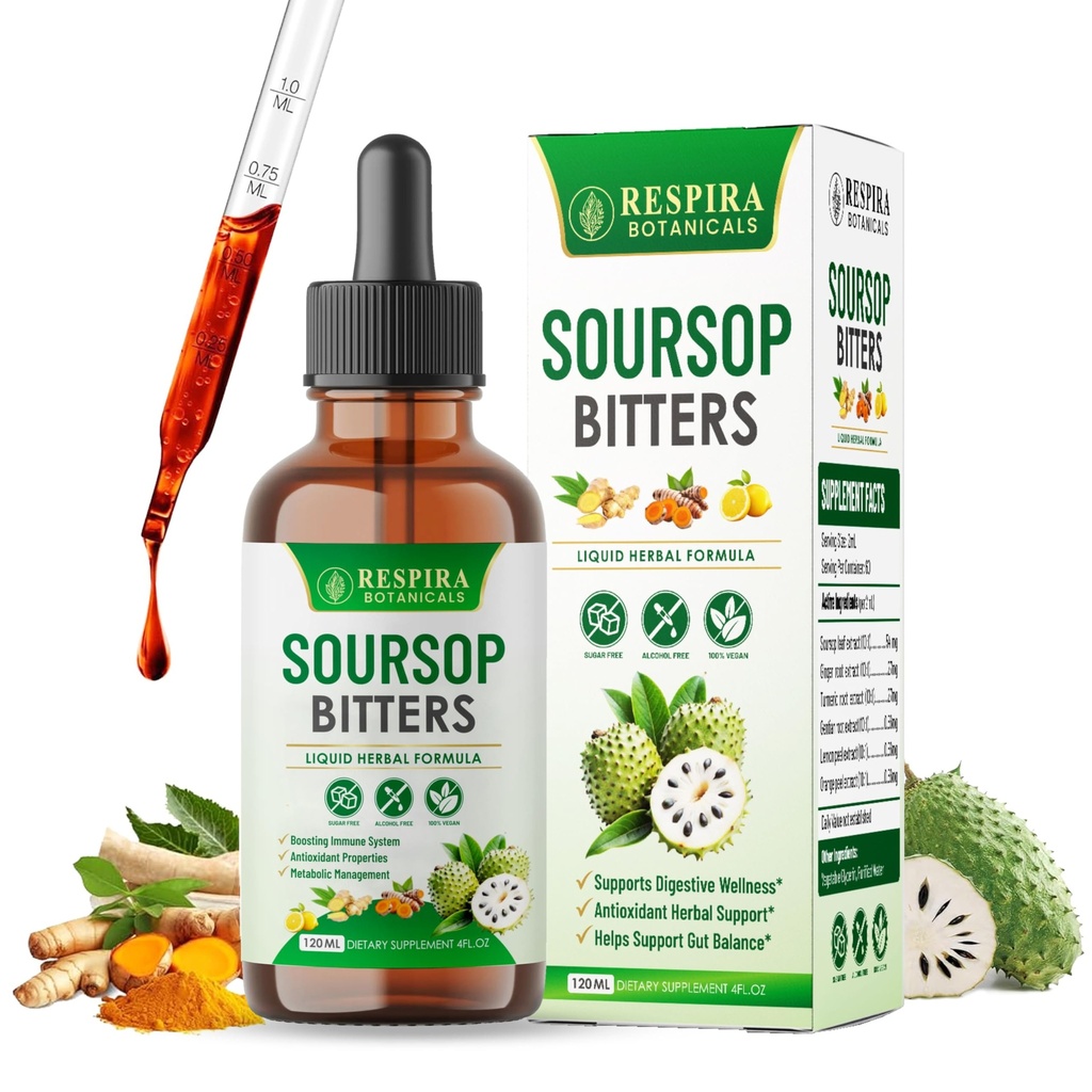 Soursop Bitters Drops, Ginger & Turmeric, 4 fl oz | Gut & Digestive Antioxidant Support, Alcohol-Free, Sugar-Free, Vegan Formula, Natural Citrus Flavor Easy Daily Dropper Use