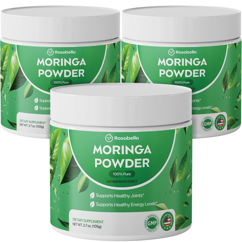 Rosabella Pure Moringa Powder - Energy, Skin, Immune & Gut Health Superfood, Rich in Antioxidants, Essential Vitamins & Amino Acids, Natural Green Superfood Supplement (3.7oz (Pack of 3))