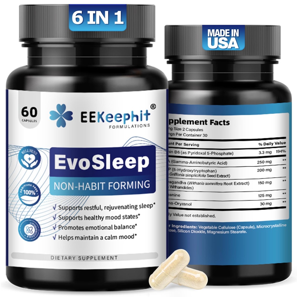 6 in 1 Melatonin-Free Sleep Aid Sleep Complex with Ashwagandha, GABA, L-Theanine & 5-HTP, VIT B6(P5P) for Adults, Supports Deep Relaxation, 30 Vegan Capsules