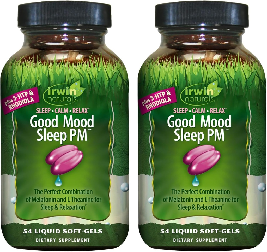 Irwin Naturals Good Mood Sleep PM – Melatonin, 5-HTP & Rhodiola with L-Theanine – Supports Sleep, Calm Mood & Relaxation – Nighttime Wellness Formula – 54 Liquid Soft-Gels - 2 Pack