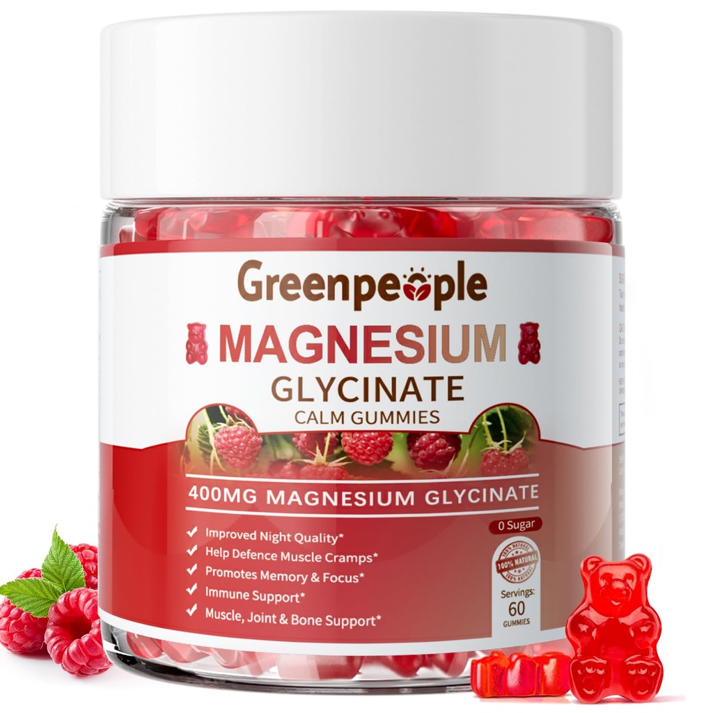 GROENPEOPLE Magnesium Glycinate Gummies 400mg - Suikervrij Magnesium Kaliumsupplement met Magnesium Malaat, Vitamine D, B6, en CoQ10 voor Kalmte Ondersteuning & Slaap voor Volwassenen - Raspberry Gummies
