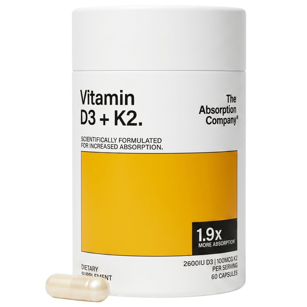 The Absorption Company Vitamin D3 & K2 Capsules (60 Servings), Highly Bioavailable, Absorb 1.9X More, 5000iu Impact, Bone, Immune, Heart Health Support, Muscle Recovery Support, Third-Party Tested