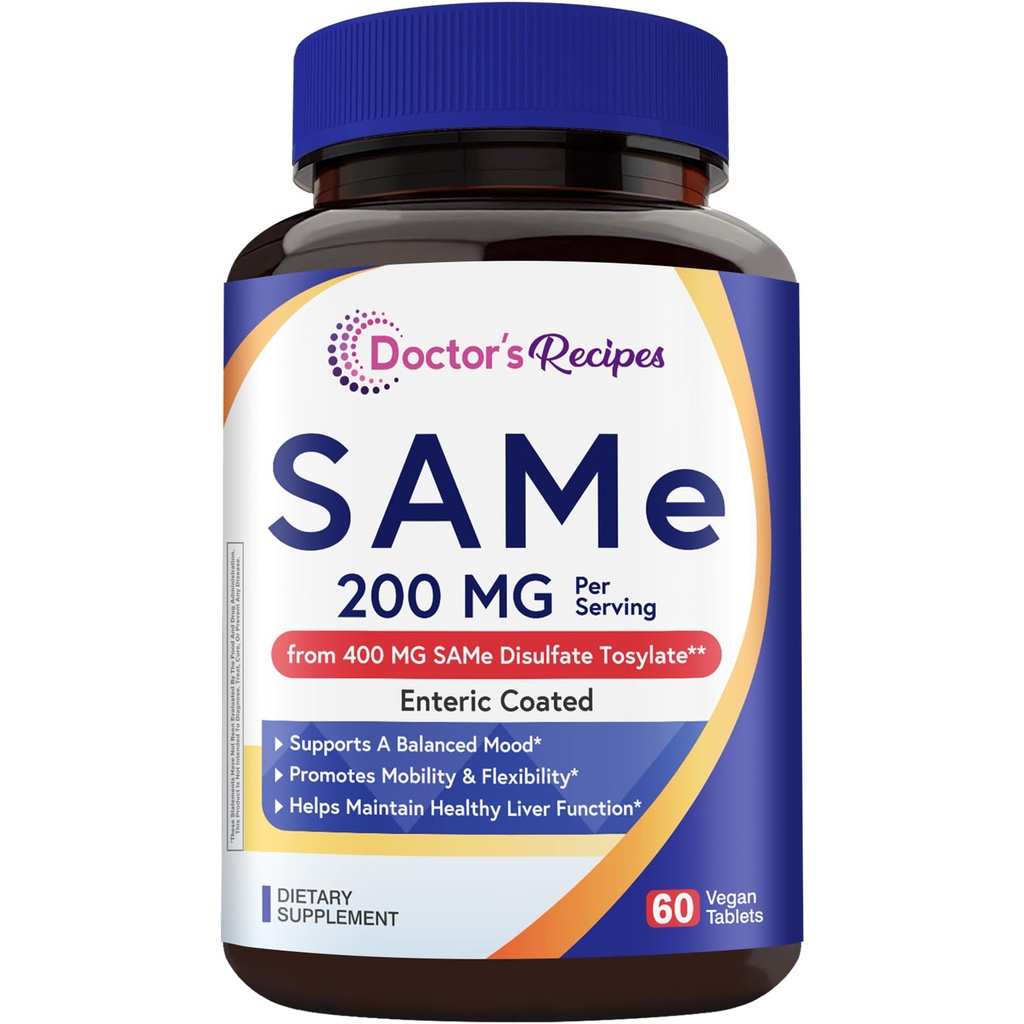 Doctor's Recipes SAM-e 200 mg, S-Adenosyl-L-Methionine, Non-GMO, Mood, Comfort, Cognitive & Liver Health Support, Enteric Coated, High Absorption, 60 Vegan Tablets