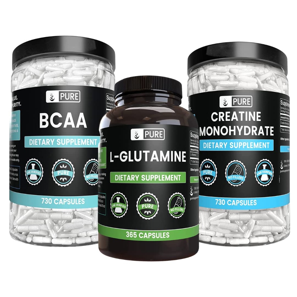 PURE ORIGINAL INGREDIENTS Creatine Monohydrate, BCAA, & L-Glutamine Capsules Bundle, No Fillers, Always Pure