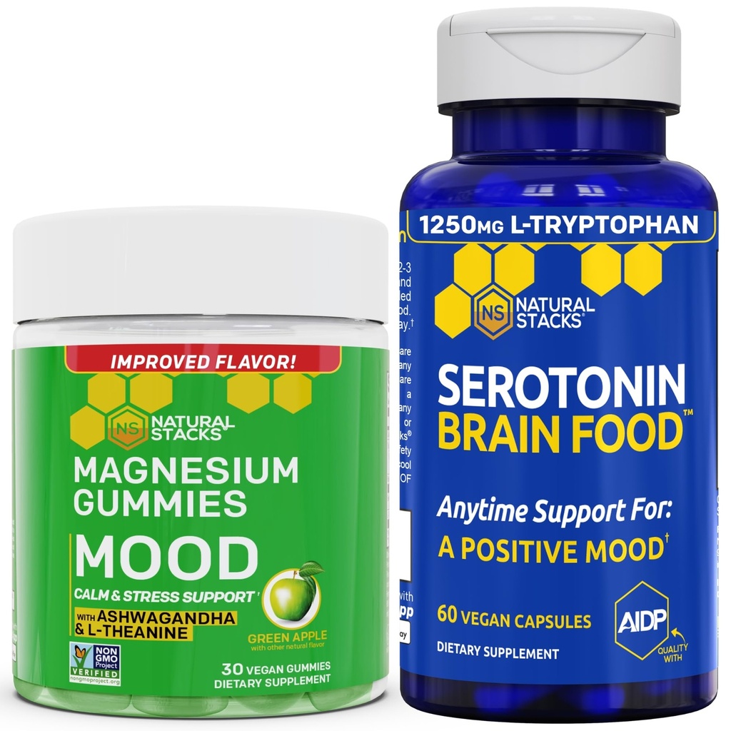 NATUURLIJKE STAKKEN Mood Magnesium Citrate Gummies + Serotonine Brain Food Bundle - Positieve Mood & Stress Ondersteuning - 90 stuks