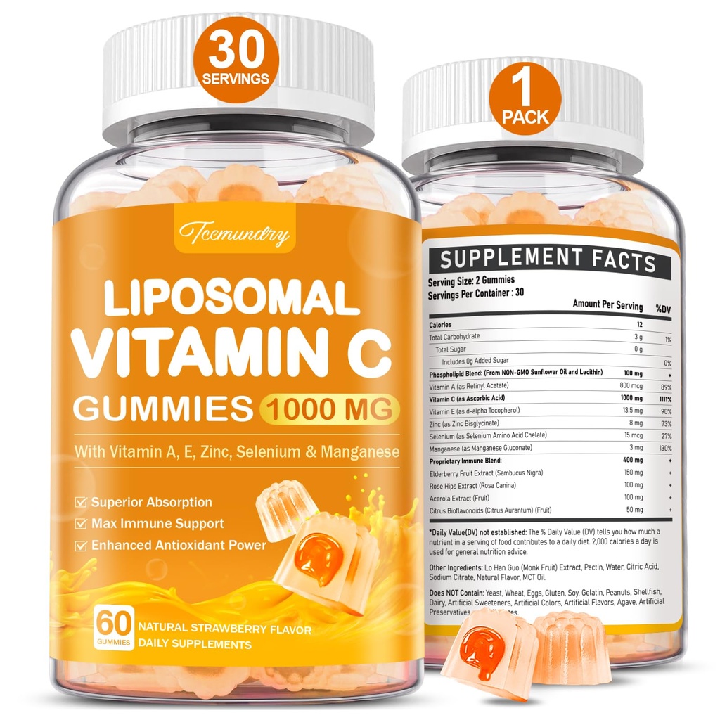 Liposomal Vitamin C Gummies 1000mg for Adults: Vitamin C Chewable Gummy with Zinc, Elderberry, Vitamins A & E
