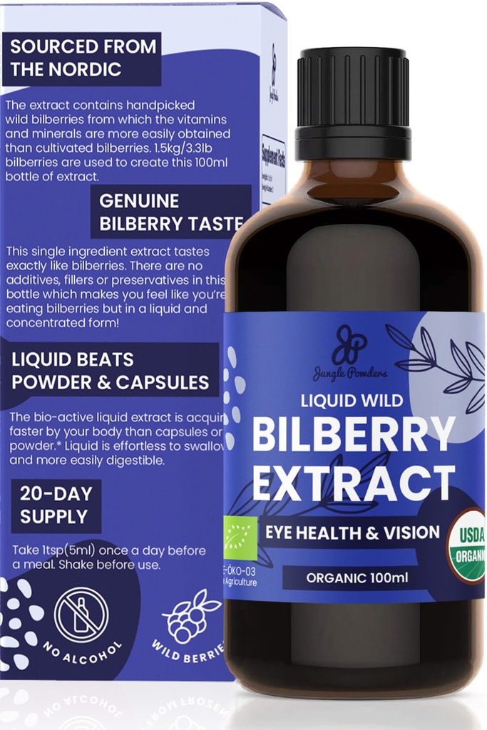 Jungle Powders Wild Bilberry Extract for Eyes USDA Organic 3.4oz Bottle of Liquid Bilberry Anthocyanin Alcohol-Free European Blueberry Bilberry Supplement for Eyes High Bioavailability Liquid Extract
