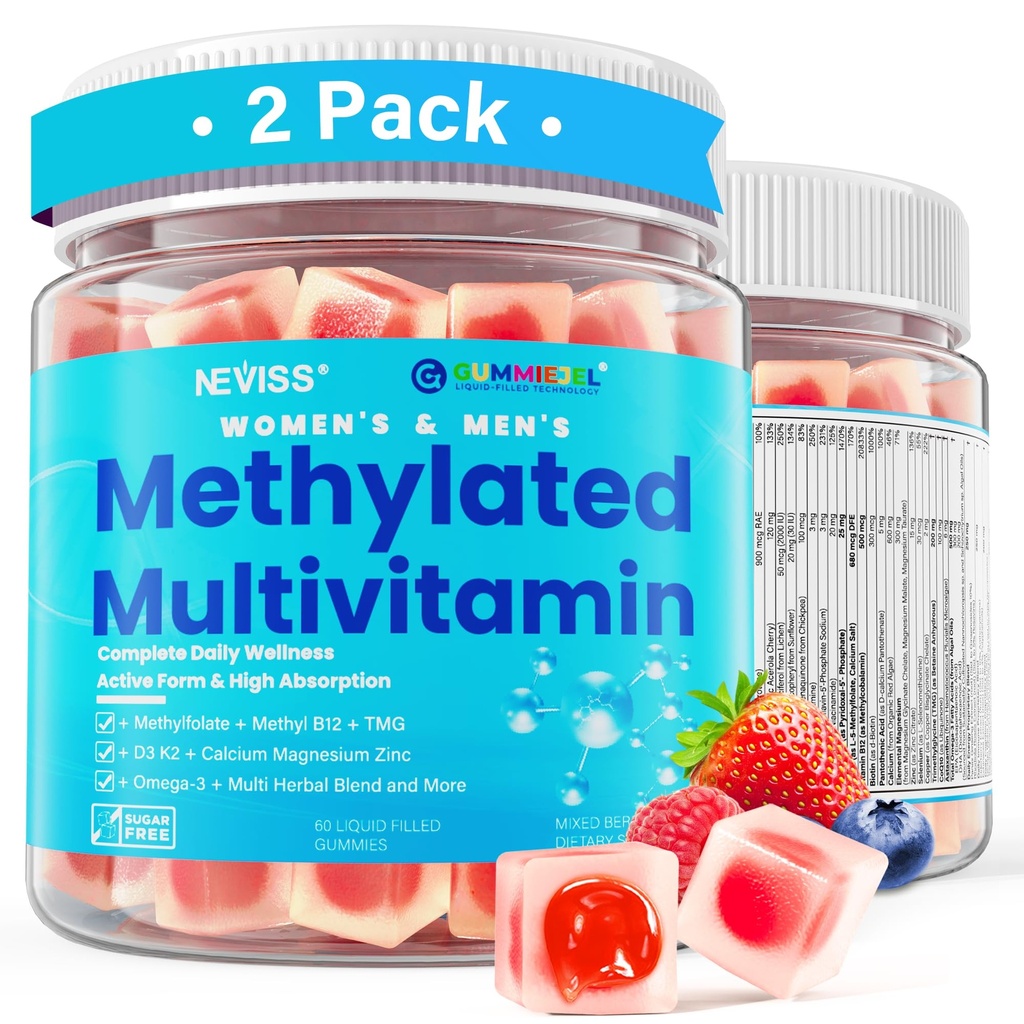 Methylated Multivitamin for Women & Men Gummies w/ Omega-3, Calcium, D3 K2, Methylfolate & B12, TMG, Daily Vitamin A, C, E, B Complex, Magnesium, CoQ10, Probiotic for Overall Health- Vegan, 2 Pack