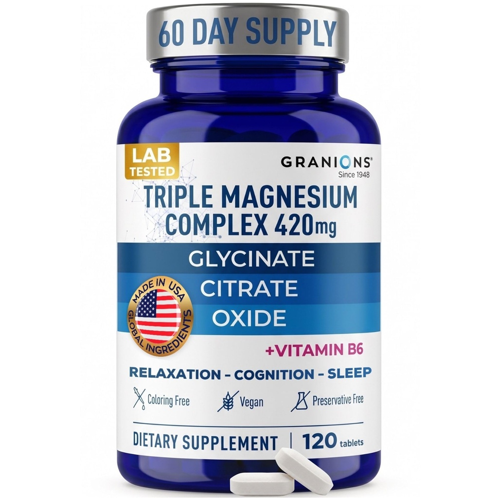 Granions Triple Magnesium Complex + Vitamin B6-420mg Elemental Magnesium Gylcinate Citrate Oxide - Made in USA - Muscle, Nerves, Calm, Sleep 100% DV Supplement for Women and Men - 120 Tablets