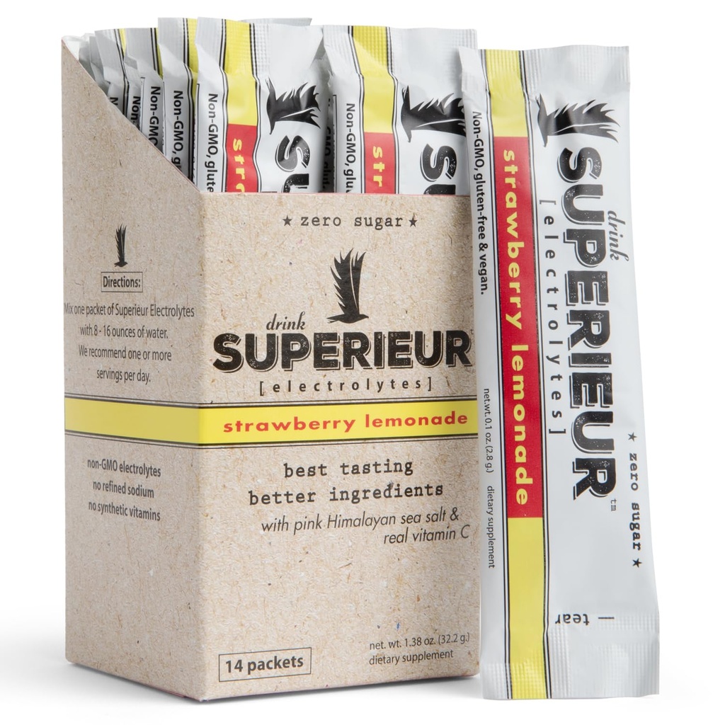 Superieur Electrolyte Powder Packets- Vegan Electrolyte Hydration Powder w/Sea Minerals- Keto Friendly, Non-GMO, Zero Sugar Electrolyte Supplement-Gezonde Sport Drink-Strawberry Lemonade (14 Packets)