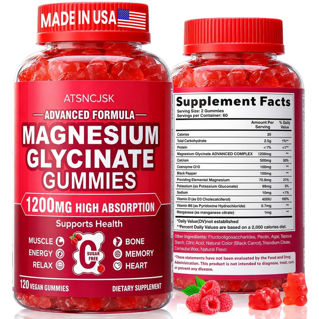 Magnesium Glycinate Gummies 1200mg, Sugar Free Magnesium Gummies for Adults, Chewable Potassium Supplements for Body Support, Zzz and Relaxation, 120 Count
