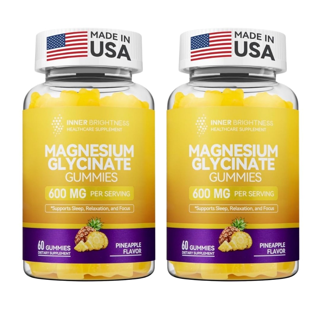 Magnesium Glycinate Gummies 600mg, Non-GMO, Gluten-Free, Magnesium Gummies for Adults, Sleep, Relaxation & Focus, Pineapple Flavor, 120 Count