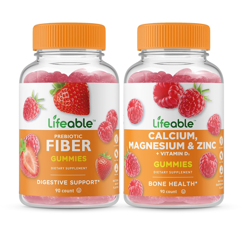 Lifeable Prebiotic Fiber 5g + Calcium, Magnesium, Zinc & Vitamin D, Gummies Bundle - Great Tasting, Vitamin Supplement, Gluten Free, GMO Free, Chewable Gummy