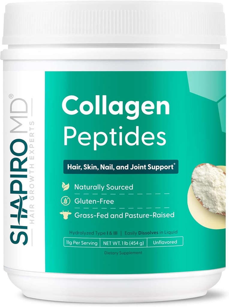 Shapiro MD Hair Growth Experts Collagen Peptides Powder, Collagen Powder Supplement for Hair, Skin, Nails and Joint Support, I & III Hydrolyzed Collagen for Easy Absorption, 11g Collagen - 16 oz.