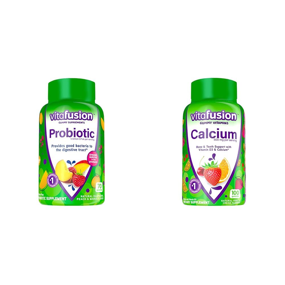 Vitafusion Probiotic Gummy Supplements, Raspberry, Peach and Mango Flavors & Chewable Calcium Gummy Vitamins for Bone and Teeth Support, Fruit and Cream Flavored