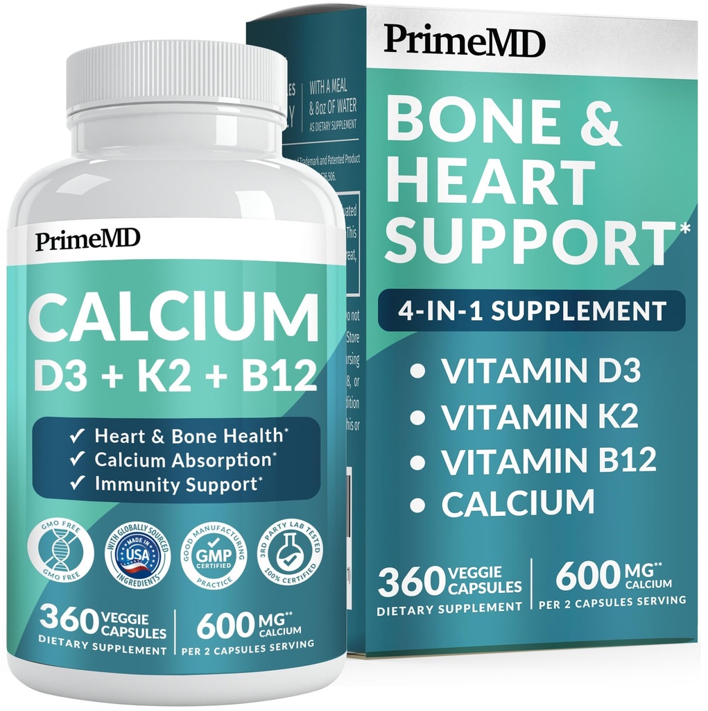 4-in-1 Calcium Supplements for Women & Men - Calcium Citrate with D3 K2 Vitamin 5000 IU - Calcium 600mg with Vitamin D3 K2 - Everyday Vitality Supplement - Vegan-Friendly, Gluten-Free (360 Capsules)