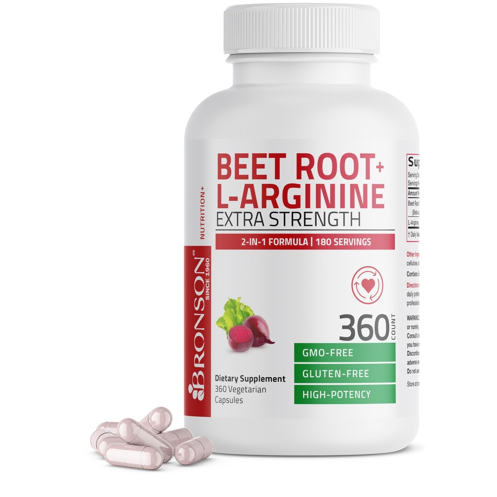 Bronson Beetwortel + L-Arginine Nitric Oxide Production - Non-GMO, 360 Vegetarische Capsules