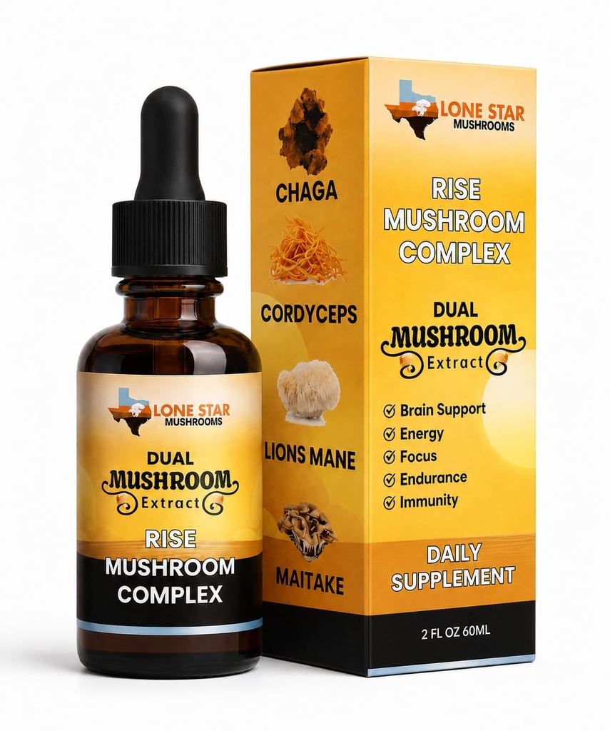 Rise Mushroom Complex Drops – Lion's Mane Mushroom Extract Blend with Cordyceps, Maitake & Chaga for Morning Routine – Dual Extract Tincture by Lone Star Mushrooms, 2oz