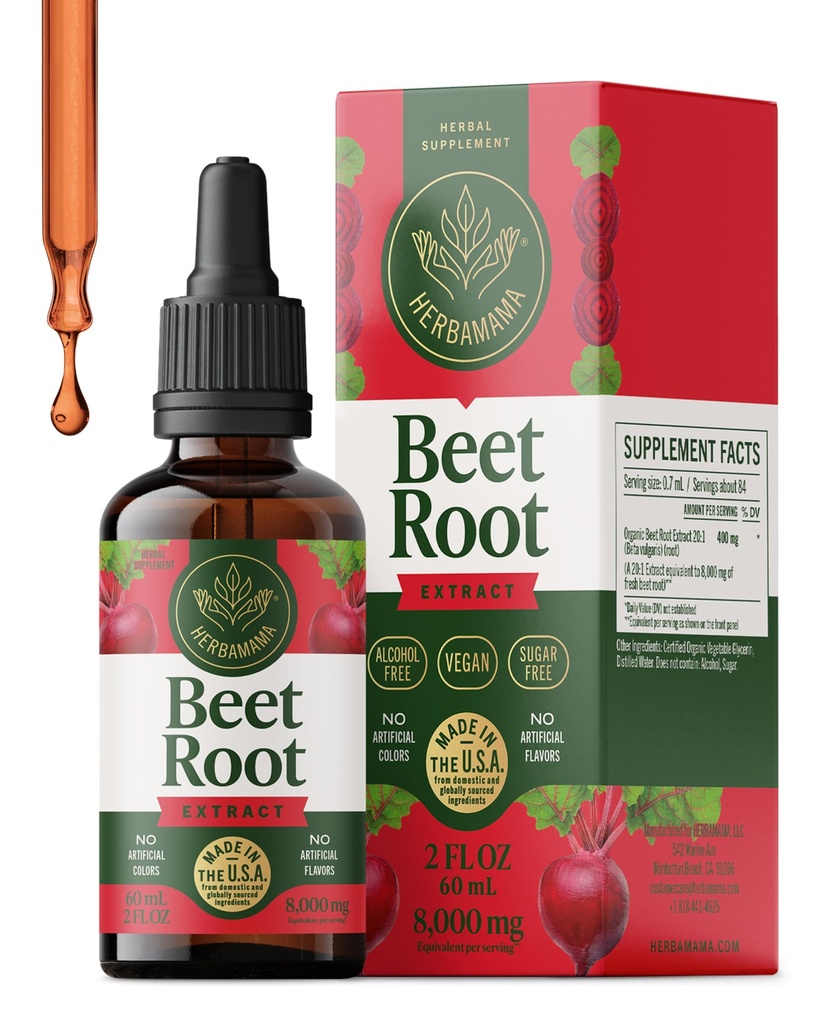 HERBAMAMA Beet Root Extract Drops - Vegan Tincture of Fresh Beets - Non-GMO, Alcohol & Sugar-Free Supplements for Men & Women, 84-Day Supply