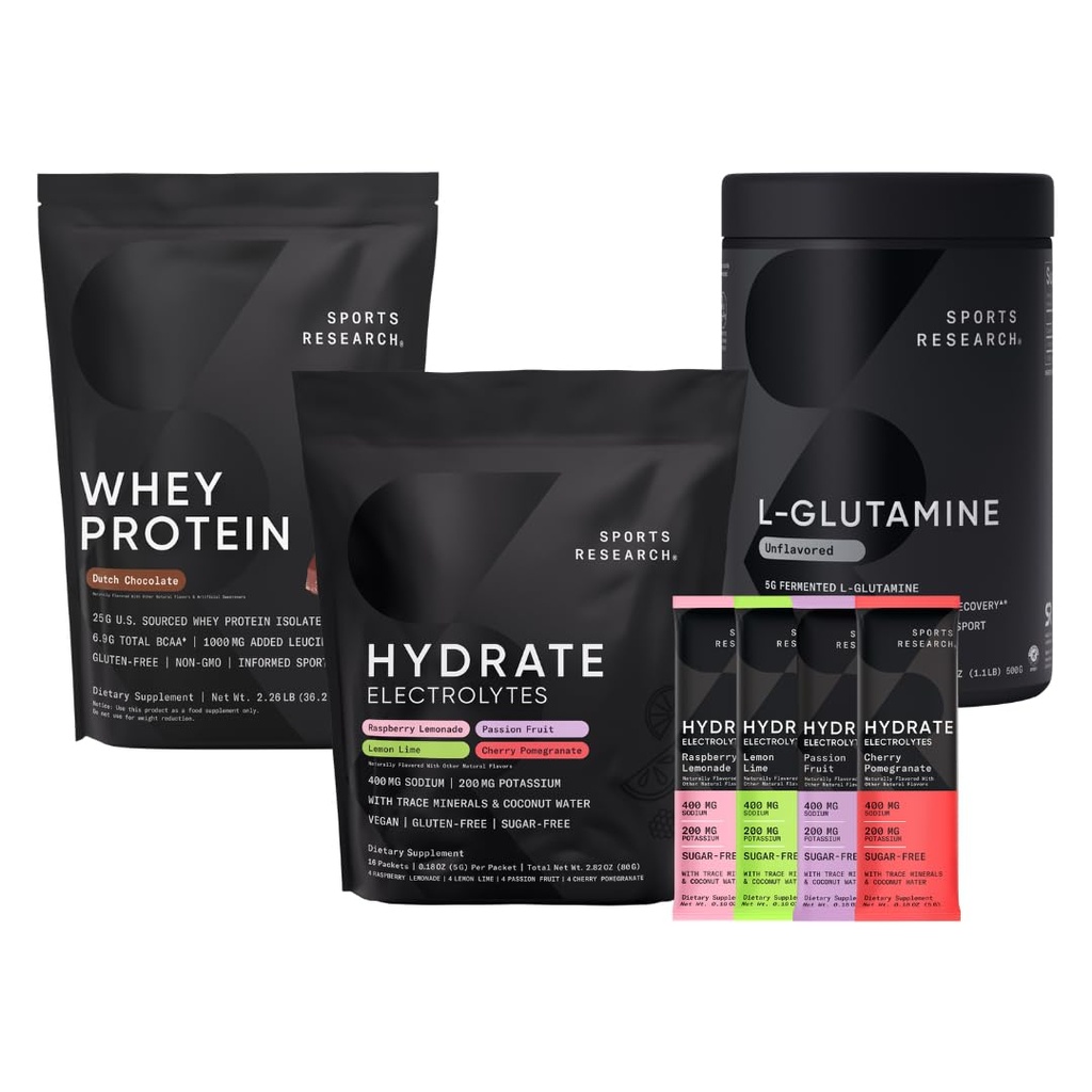 Sport Research Multi Flavor Hydrate Electrolytes Packets, Dutch Chocolate Flavored Whey Protein Isolaat Poeder en Unflavored L-Glutamine
