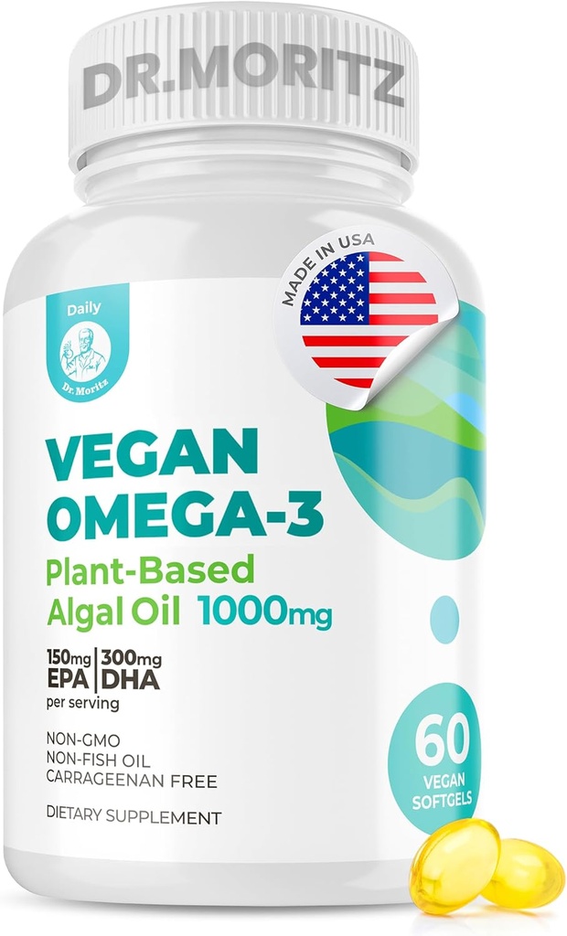 DR. MORITZ Vegan Omega-3 Softgels voor volwassenen en kinderen, gemaakt van Algenolie met DHA EPA, Small Algen Omega 3 Supplementen, Veganist, 60 Tellen