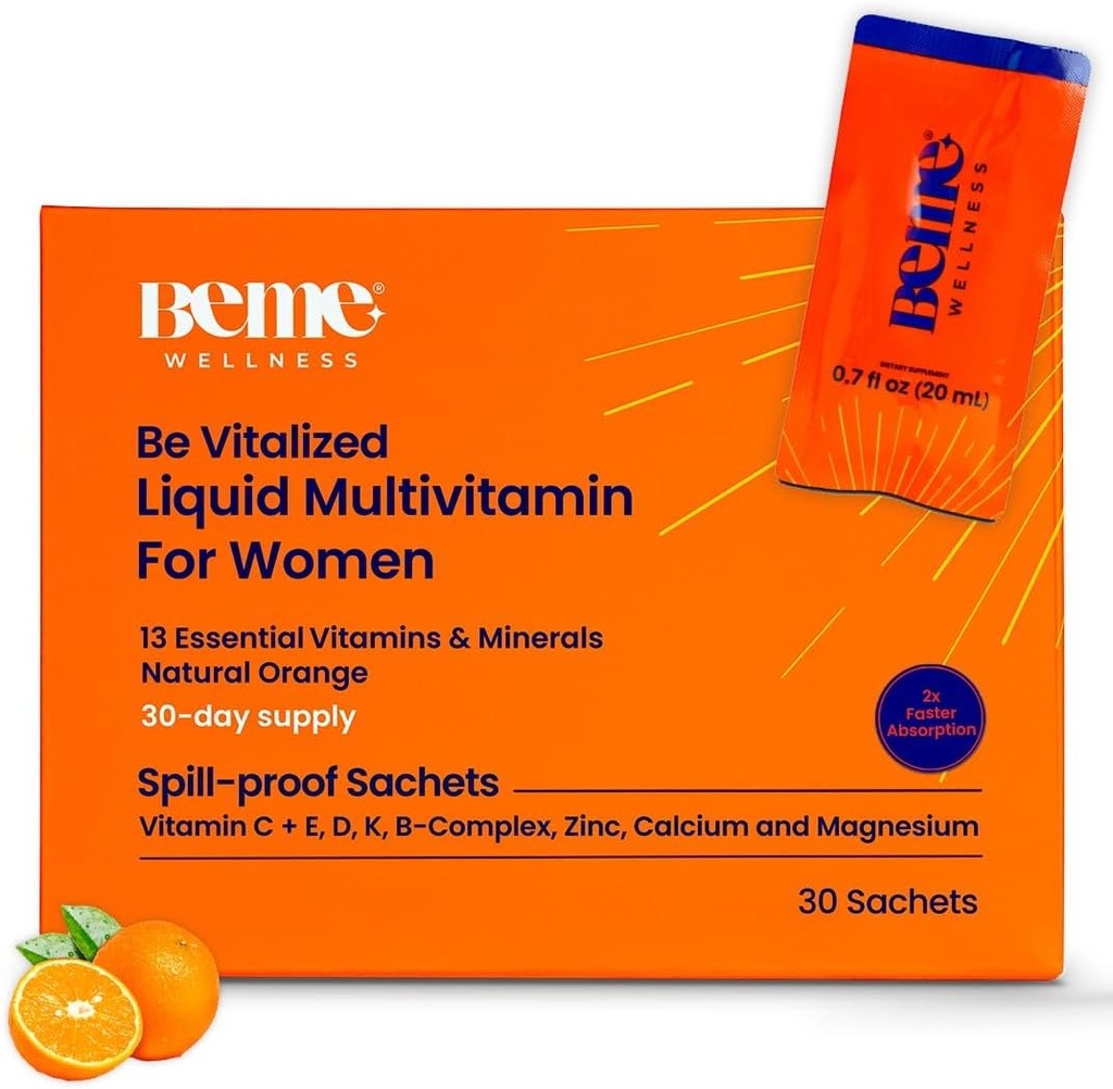 BeMe vloeibare multivitaminen voor vrouwen - Advanced Liquid Delivery System with 13 Vitaminen & 4 Mineralen - Tear & Go Sachets, Non-GMO, Orange Flavor (30 Sachets)