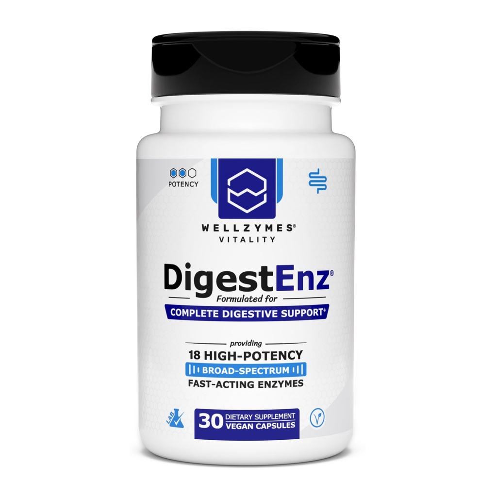 Wellzymes® DigestEnz® for Complete Digestive Support | 18 High-Potency, Broad-Spectrum, Fast-Acting Enzymes | Supports Efficient Meal Breakdown | 30 Vegan Capsules
