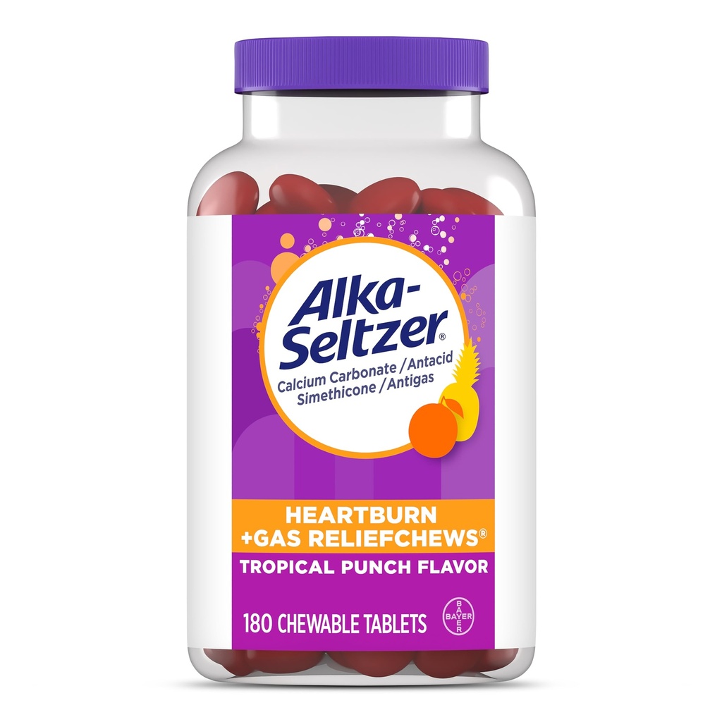 Alka-Seltzer Heartburn + Gas ReliefChews, Antacidum + Antigas Kauwen voor snelle brandende verlichting, gas en zuur Indigestie Verlichting On the Go, 180 Ct