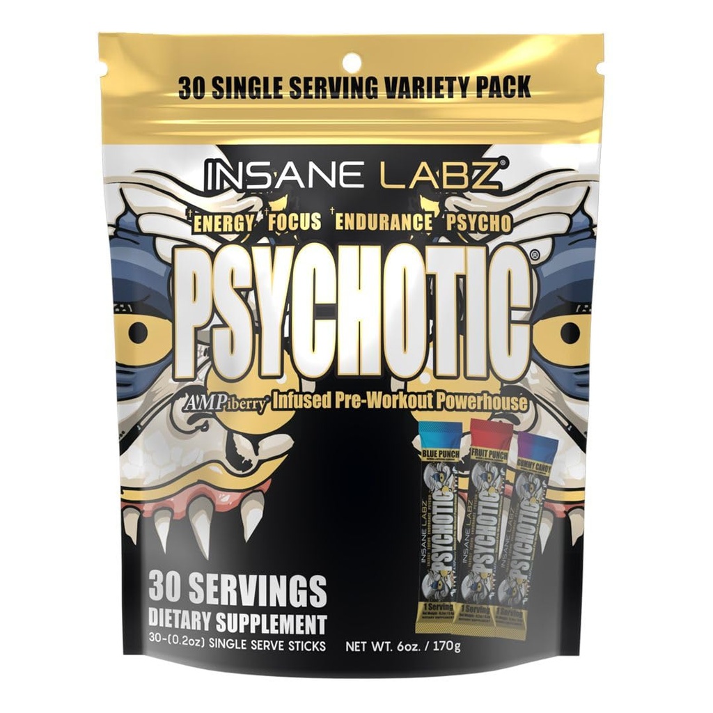 Insane Labz Psychotic Gold, High Stimulant Pre Workout Powder, Extreme Lasting Energy Focus, Pumps and Endurance with Beta Alanine, DMAE Bitartrate, NO Booster (30 Servings, Variety)