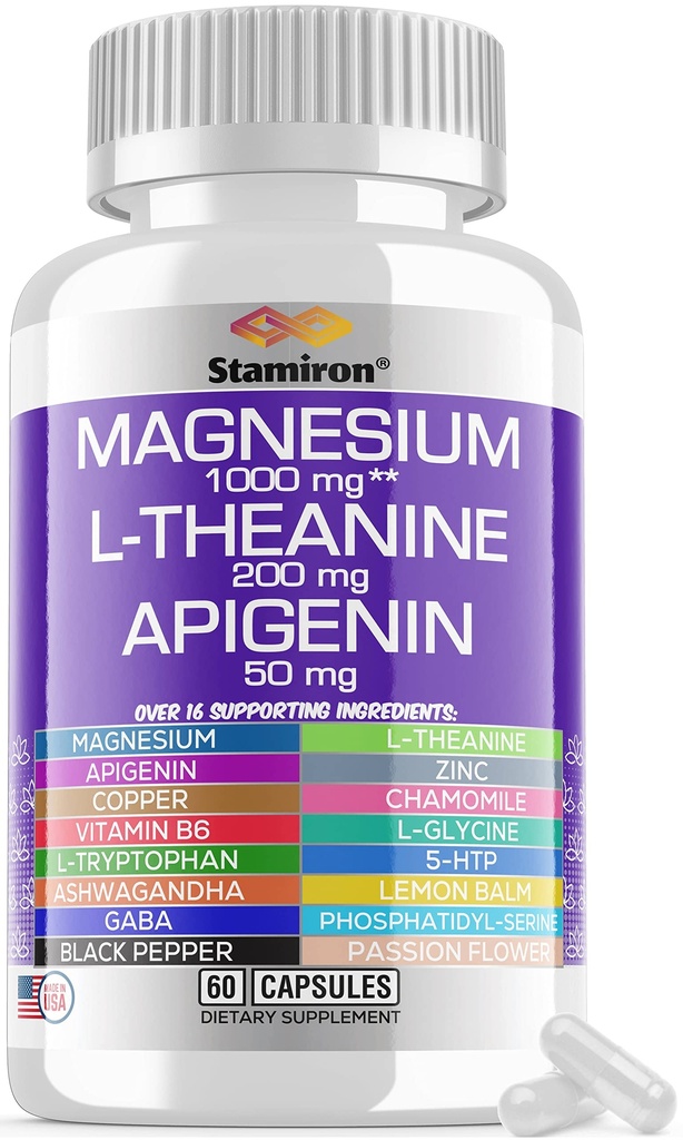 Magnesium Complex 1000mg L Theanine 200mg Apigenin 50mg Supplement met Mag Glycinate Citrate Malate Taurate + kamille 5-HTP Passiebloem Lemon Balm B6 Ashwagandha en L Tryptofan - Made in USA