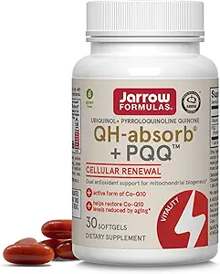 Jarrow Formules QH-Absorb + PQQ, Dieetsupplement, Antioxidant Ondersteuning voor Mitochondriale Biogenese, Cellular Energy Productie en Cardiovasculaire Gezondheid, 60 Softgels, 60 Dagen Levering, Pak van 12