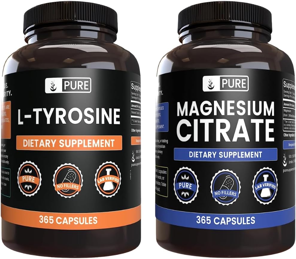 PURE ORIGINEEL INGREDIËNTEN L-tyrosine en Magnesium Citrate Bundle, 365 Capsules Elke, altijd zuiver, Lab geverifieerd