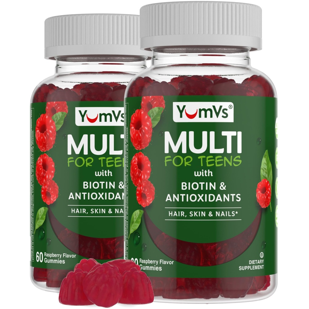 YumVs Teen Multivitamin Gummies with Biotin and Antioxidants - Raspberry Flavor - Hair Skin Nails Support - Kosher Teenager Vitamins for Boys and Girls 12-17 (60 Count (Pack of 2))