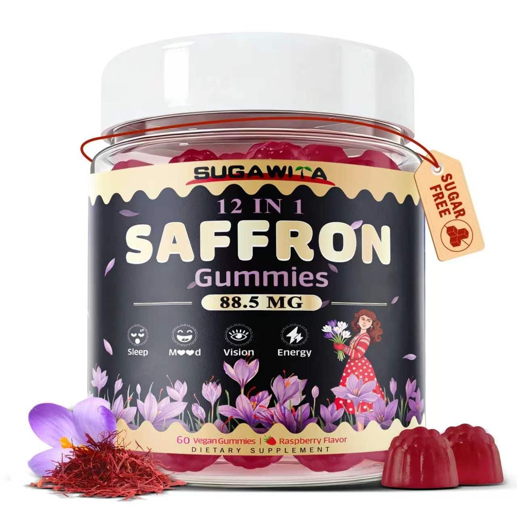 Saffron Supplements 88.5mg Saffron Gummies, 12 in 1 Saffron Extract for Adults & Kids with Curcumin & Zinc & Ashwagandha, Vegan, 30 Servings
