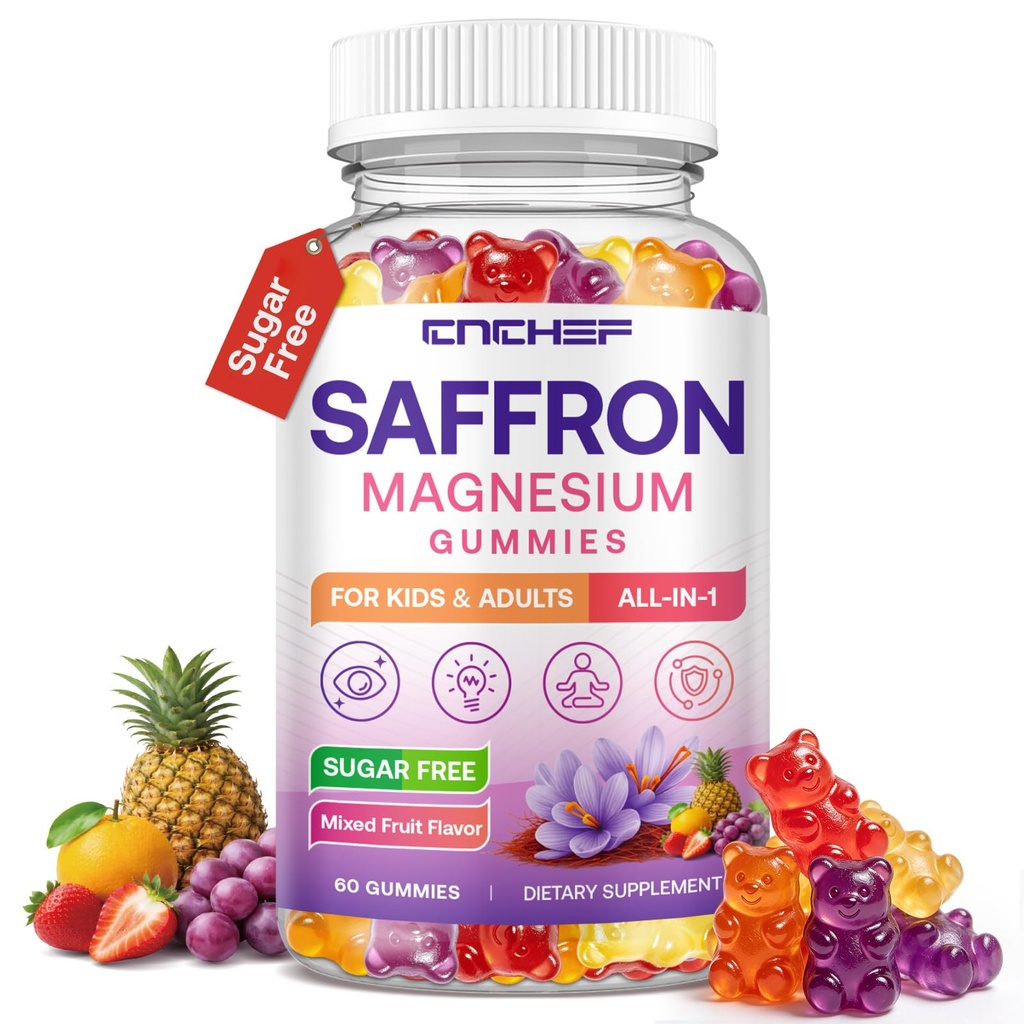 Saffron Gummies Kids & Adults, Mixed Fruit Flavor Sugar Free, Saffron Magnesium Supplements with 88.5mg Saffron Extract, B6, D3, Lutein, Omega-3, Brain, Focus, Calm & Vision Support, Vegan, 60 Counts