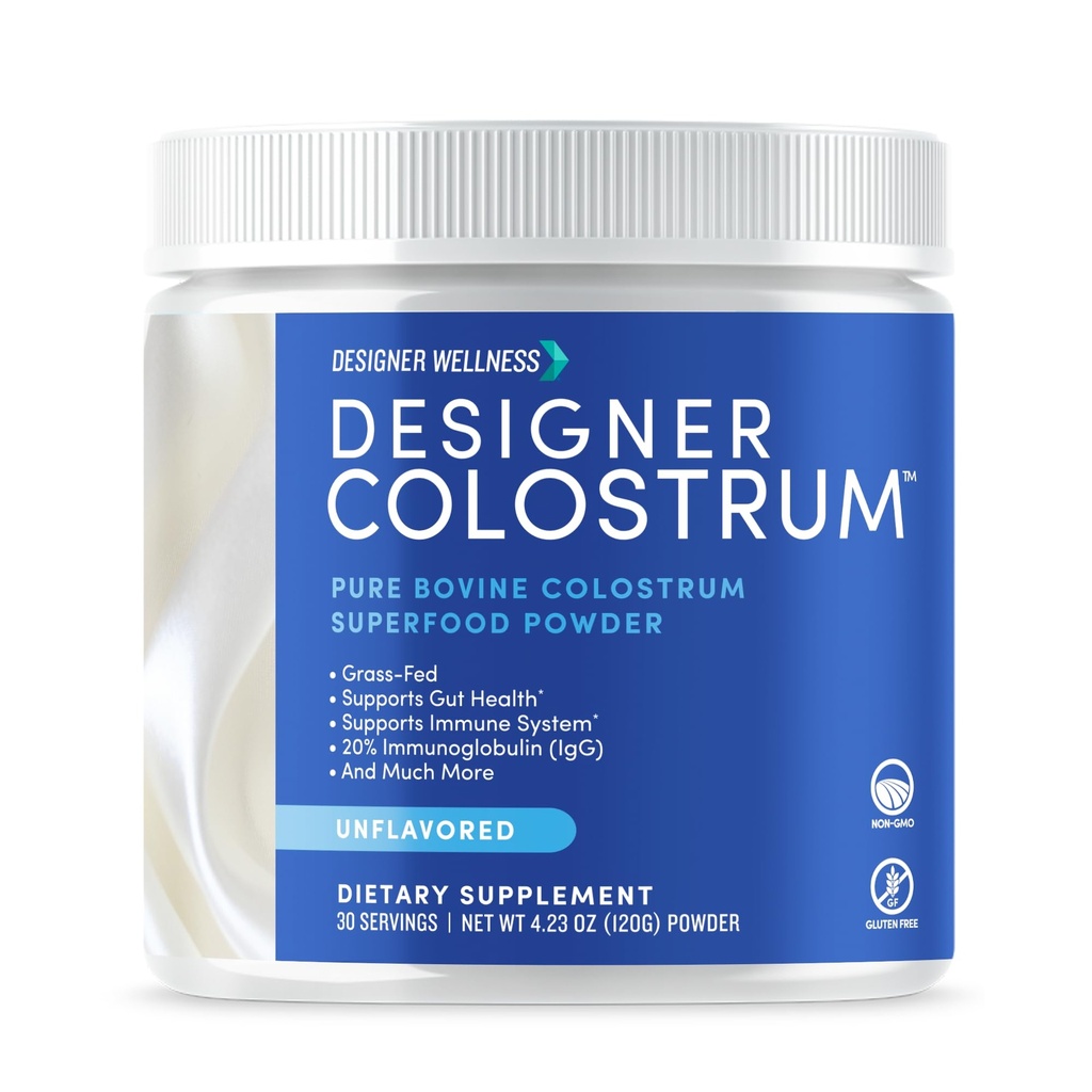 Designer Wellness, Pure Bovine Colostrum Superfood Powder, Gut Health & Bloating, Immune Support, Skin & Hair, Gluten & Fat-Free, Unflavored, 30 Servings