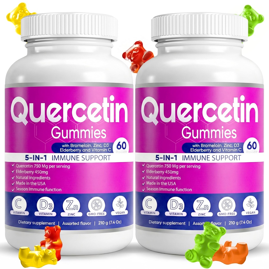 (2 verpakkingen) Quercetine Gummies by BioVitalica - Quercetine with bromelaine Vitamin C and Zink & Vlierbes + Vitamine D3-5 in 1 Immuun Ondersteuning - Zink Quercetine 750 mg for Kids and Adults
