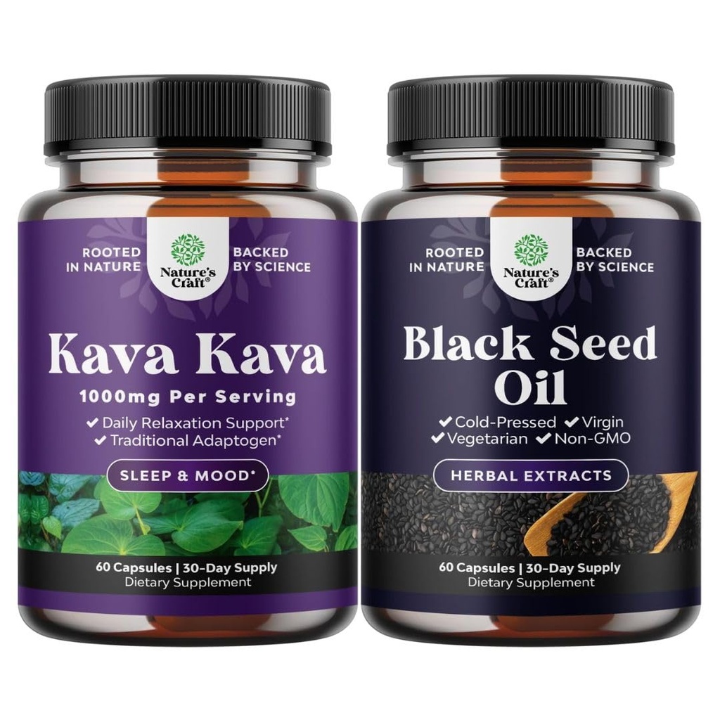Bundle of Kava Kava Root Extract Supplement 1000mg - Fast Acting Herbal with Kavalactones for Balanced Mood and Vegan Black Seed Oil Capsules - Cold Pressed Nigella Sativa Black Cumin Seed Oil