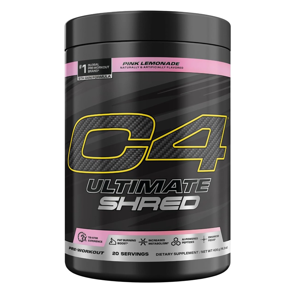 Cellucor C4 Ultimate Shred Pre Workout Powder, Metabolisme Supplement met Cayenne Extract+300mg Cafeïne+TeaCrine+Dynamine - Pink Limonade, 20 porties