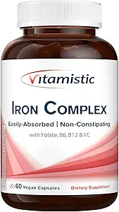 IJzersupplement voor vrouwen, 36 mg elementair ijzer, niet-GMO en niet-constipatie, Ferrous Bisglycinaat, Plus B & C Vitaminen, Blood Building & Energy Support, 60 Vegan Caps