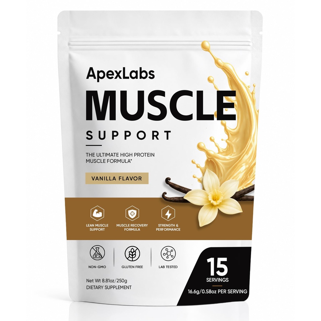 Muscle Support Protein Powder, Vanilla Flavor, High Protein Formula with Whey Protein Hydrolysate, L-Leucine, HMB, B12, Chromium & Rosemary Extract, 8.81 oz 15 Servings